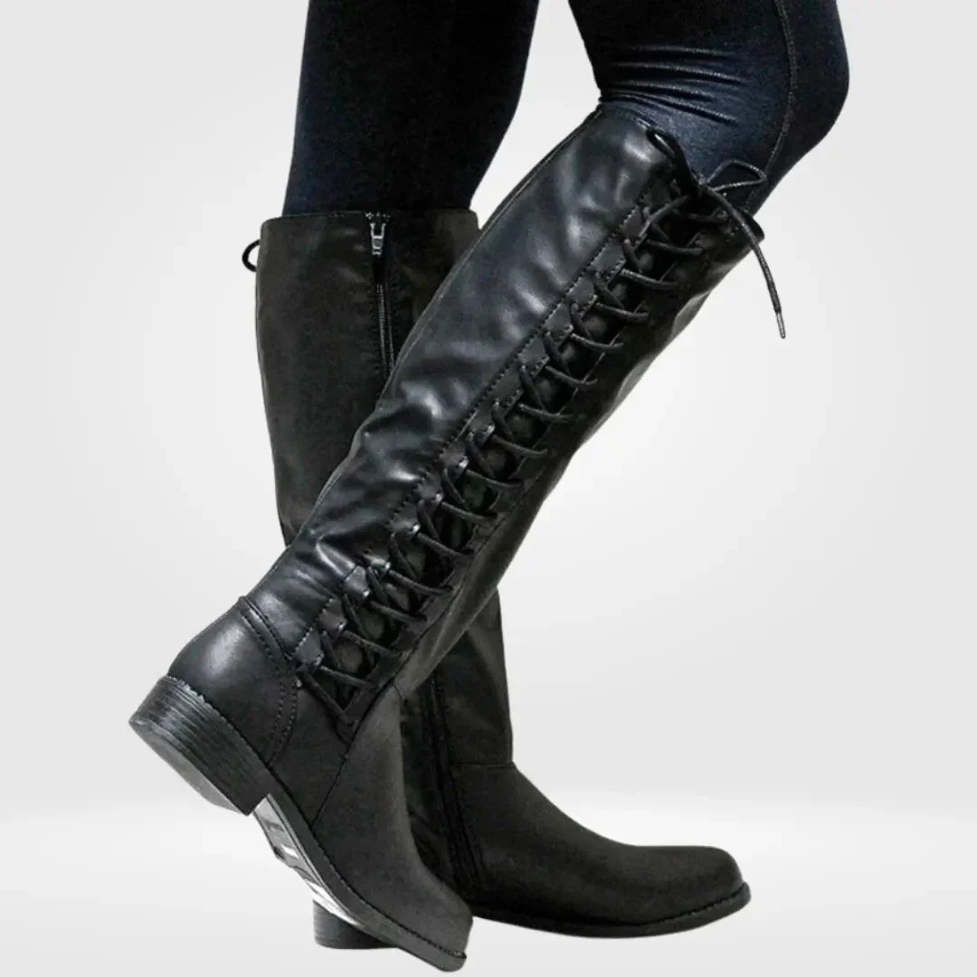 Supportive Women’s Knee High Boots - Lace Up Faux Leather