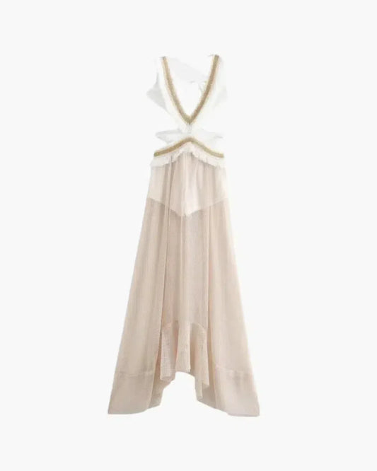 Off-White Chiffon Maxi Dress for Women with Open Back and Embellished Star Detail, Elegant Long Dress for Formal Occasions-1