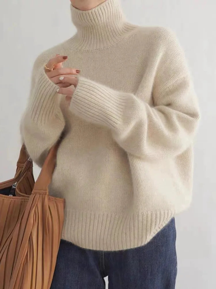 Oversized hyggelig kvindes rullekrave sweater – løs strik