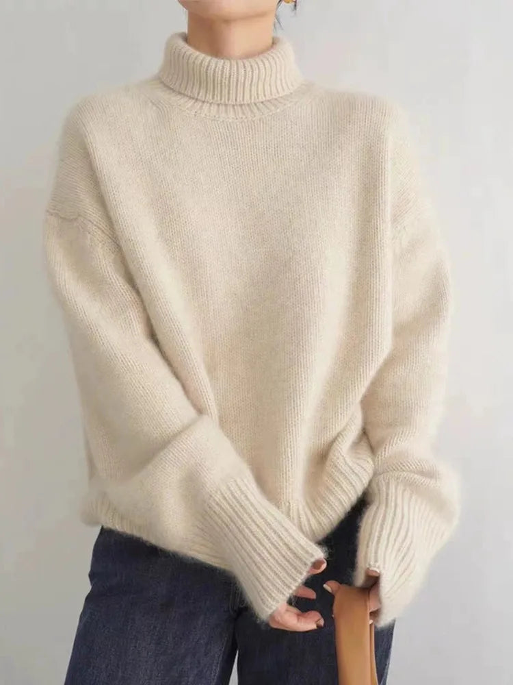 Oversized hyggelig kvindes rullekrave sweater – løs strik