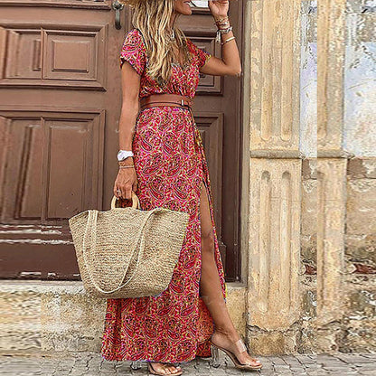 Variant image for Elegant Boho Women's Maxi Dress, V-Neck Short Sleeve Summer Dress, Adjustable Belt, Full-Length, Soft Polyester, Multiple Colors Available-19