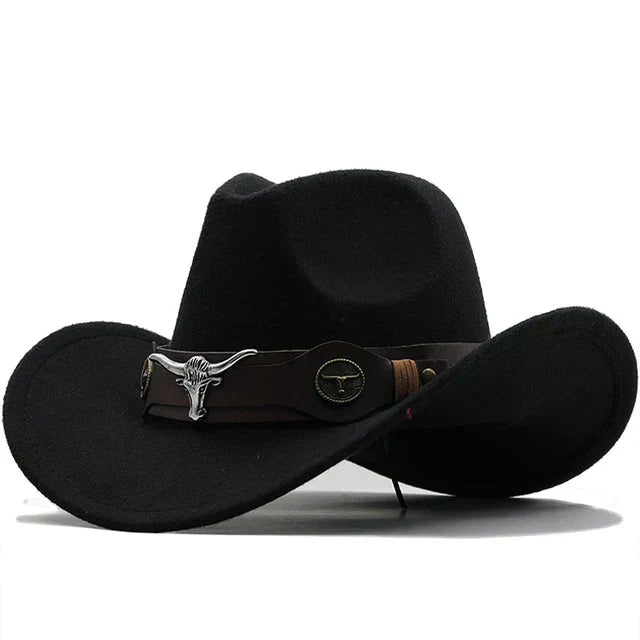 Durable men’s western felt hat – unique bull buckle band, high-quality felt, for outdoor adventures 0