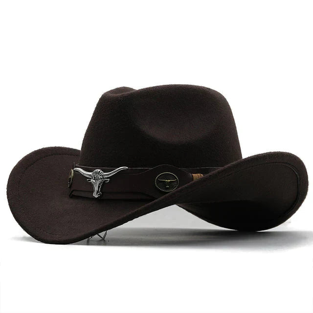 Durable men’s western felt hat – unique bull buckle band, high-quality felt, for outdoor adventures 3