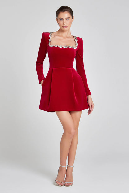 Fitted and Flattering Women's A-Line Dress – Square Neck With Floral Rhinestones, Velvet, For Holiday Parties