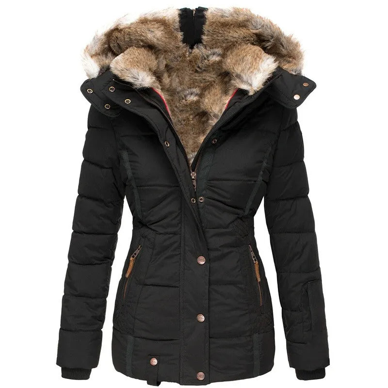 Warm Women’s Winter Coat - Quilted Midlength, Faux Fur Hood