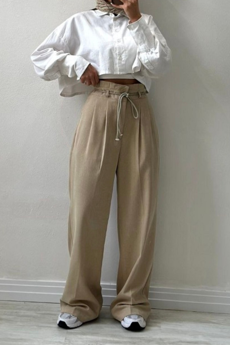 High-Waisted Pleated Trousers for Women with Drawstring Waist, Cotton Blend, Regular Fit, Versatile Casual or Dressy Style-2