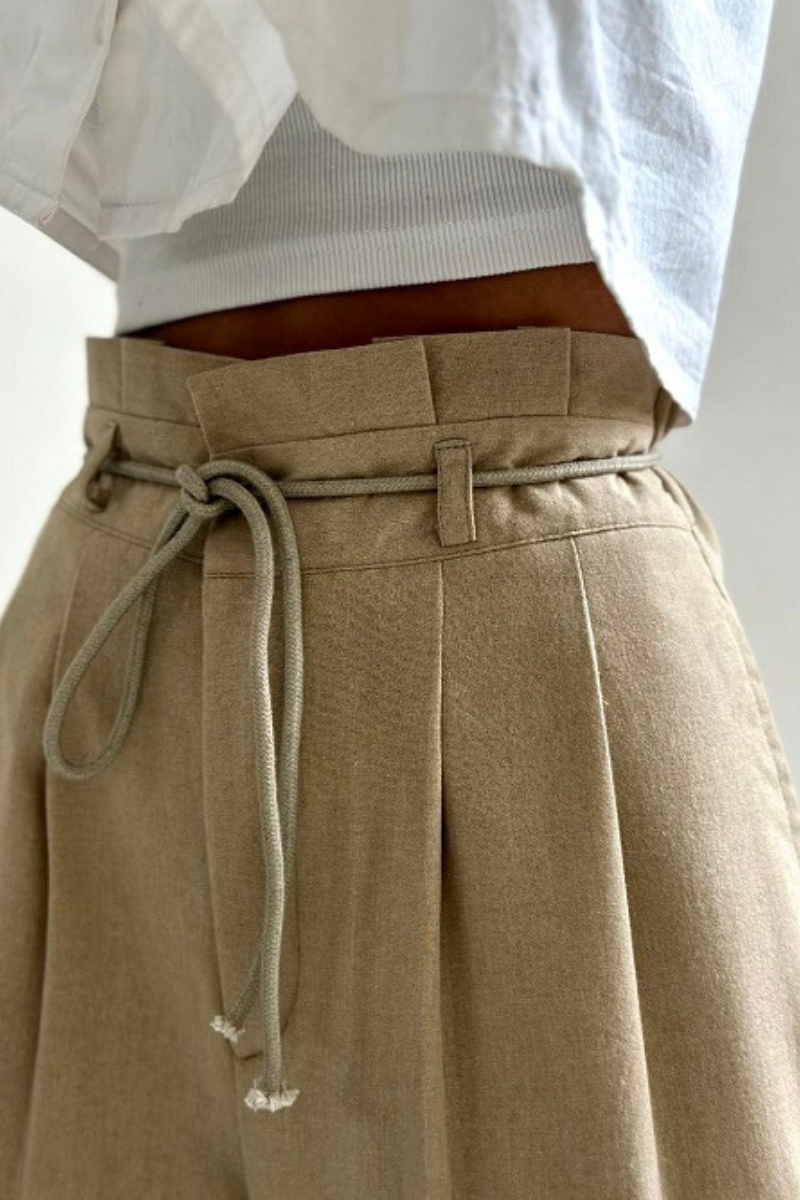 High-Waisted Pleated Trousers for Women with Drawstring Waist, Cotton Blend, Regular Fit, Versatile Casual or Dressy Style-3