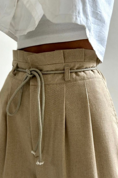 High-Waisted Pleated Trousers for Women with Drawstring Waist, Cotton Blend, Regular Fit, Versatile Casual or Dressy Style-3