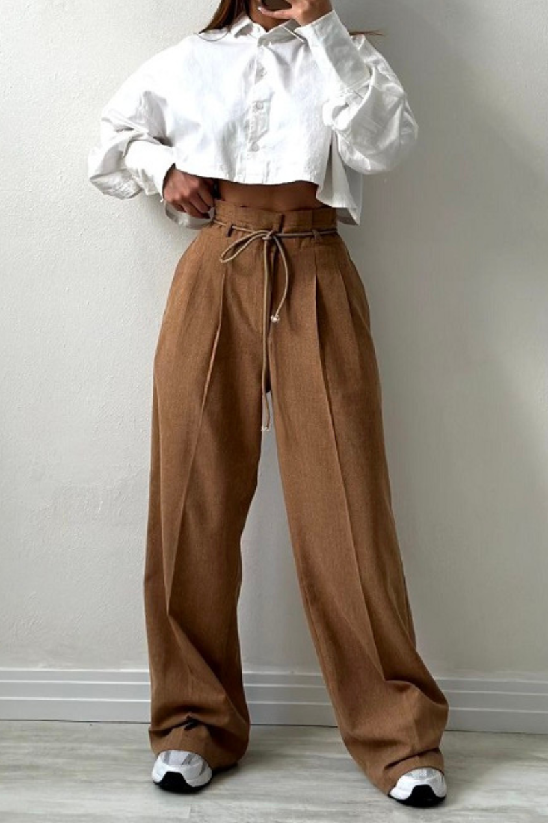 High-Waisted Pleated Trousers for Women with Drawstring Waist, Cotton Blend, Regular Fit, Versatile Casual or Dressy Style-4