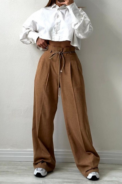 High-Waisted Pleated Trousers for Women with Drawstring Waist, Cotton Blend, Regular Fit, Versatile Casual or Dressy Style-4