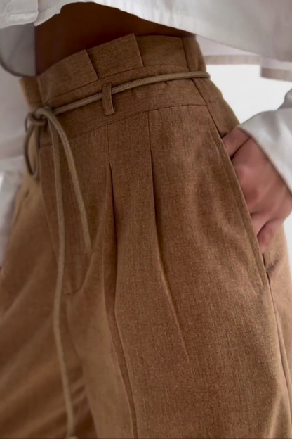 High-Waisted Pleated Trousers for Women with Drawstring Waist, Cotton Blend, Regular Fit, Versatile Casual or Dressy Style-5