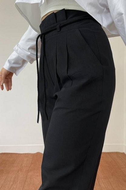 High-Waisted Pleated Trousers for Women with Drawstring Waist, Cotton Blend, Regular Fit, Versatile Casual or Dressy Style-6