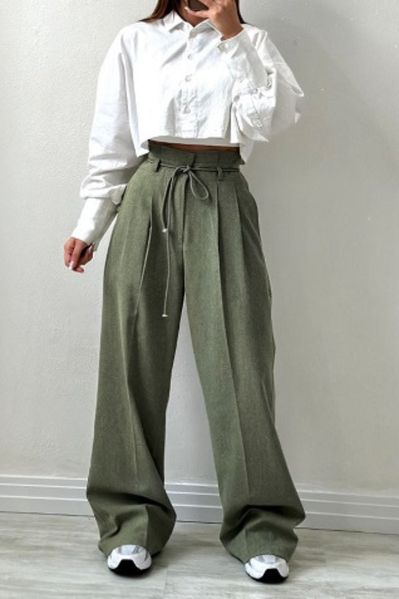 High-Waisted Pleated Trousers for Women with Drawstring Waist, Cotton Blend, Regular Fit, Versatile Casual or Dressy Style-1