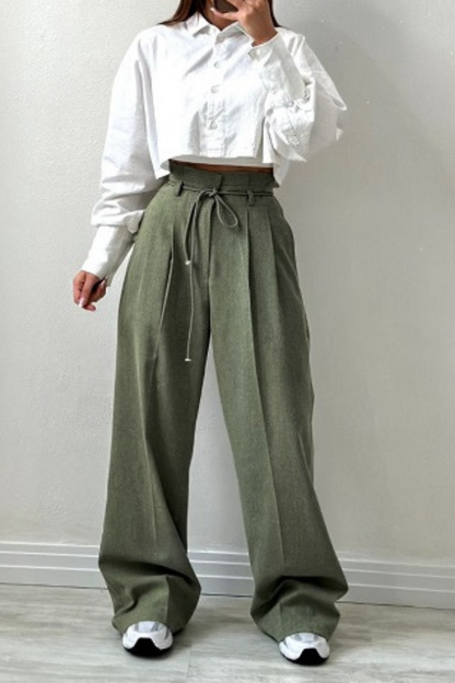 High-Waisted Pleated Trousers for Women with Drawstring Waist, Cotton Blend, Regular Fit, Versatile Casual or Dressy Style-1