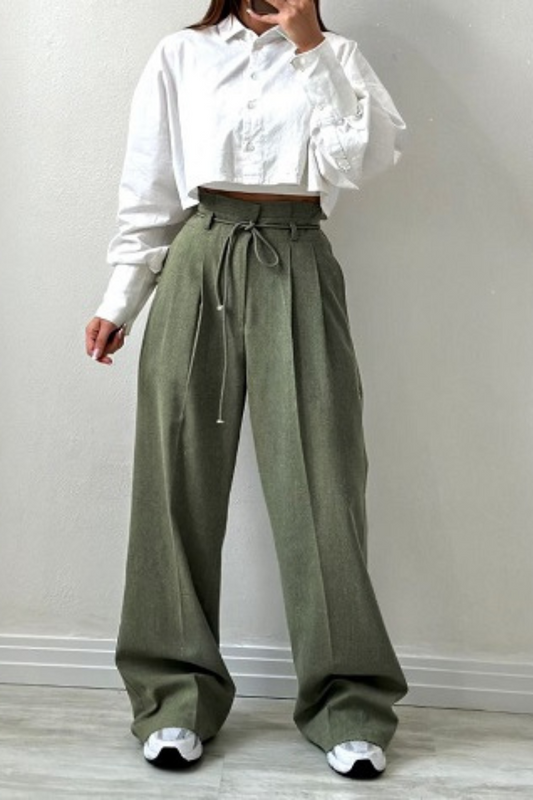 High-Waisted Pleated Trousers for Women with Drawstring Waist, Cotton Blend, Regular Fit, Versatile Casual or Dressy Style-1