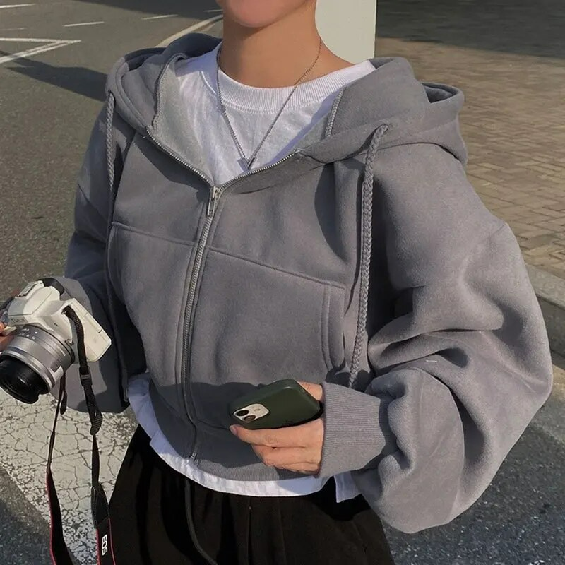 Oversized Cozy Women Zip Hoodie - Relaxed Cropped Cotton