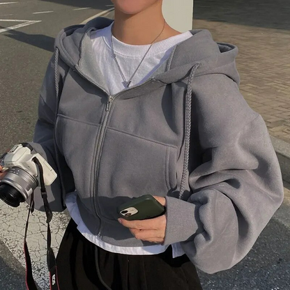 Oversized Cozy Women Zip Hoodie - Relaxed Cropped Cotton