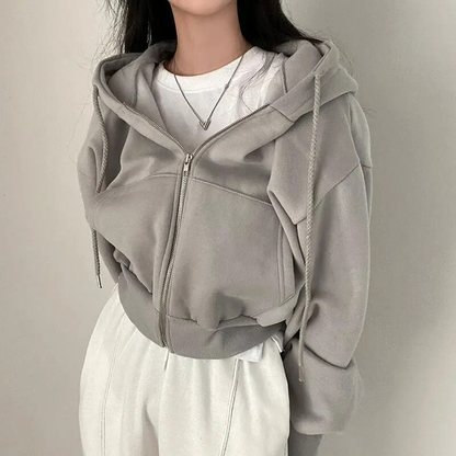 Oversized Cozy Women Zip Hoodie - Relaxed Cropped Cotton