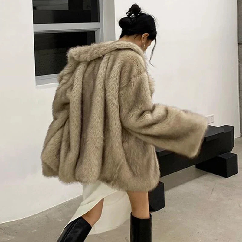 Warm Cozy Women Fur Coat - Oversized Cut, Plush Faux, Winter