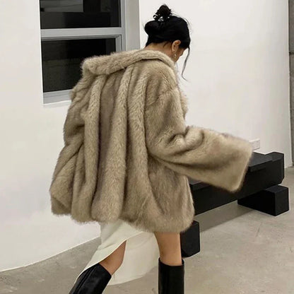 Warm Cozy Women Fur Coat - Oversized Cut, Plush Faux, Winter