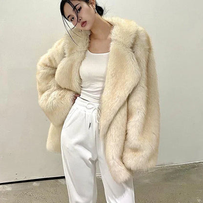 Warm Cozy Women Fur Coat - Oversized Cut, Plush Faux, Winter