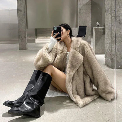 Warm Cozy Women Fur Coat - Oversized Cut, Plush Faux, Winter