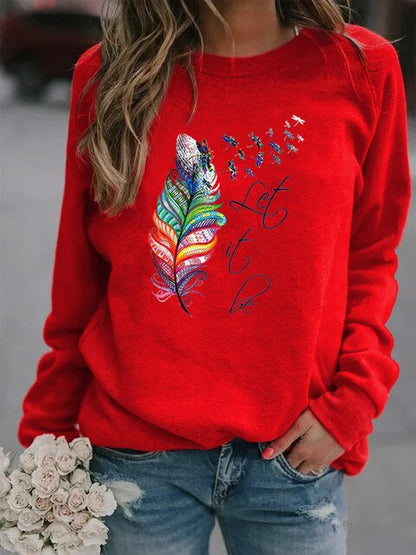 Soft Cozy Women's Pullover - Feather Print, Knit Winter