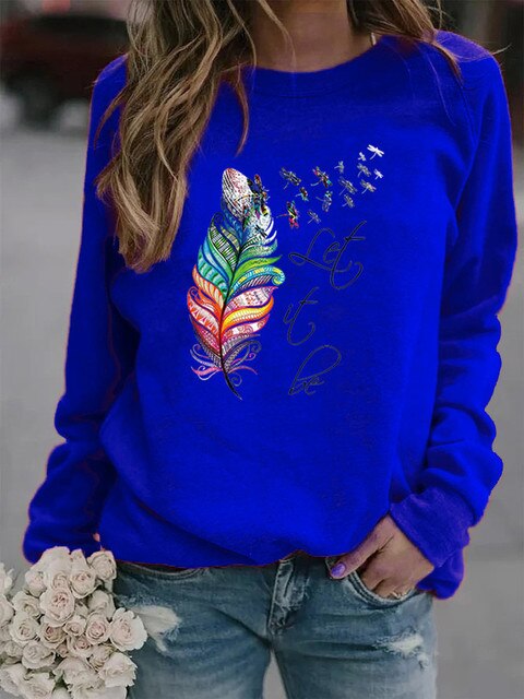 Soft Cozy Women's Pullover - Feather Print, Knit Winter