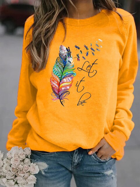 Soft Cozy Women's Pullover - Feather Print, Knit Winter