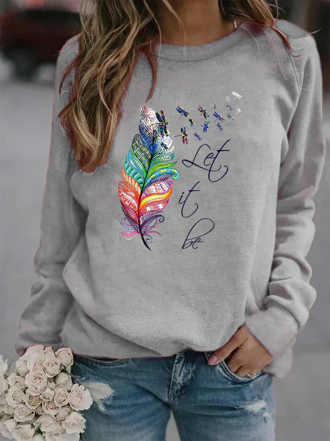 Soft Cozy Women's Pullover - Feather Print, Knit Winter