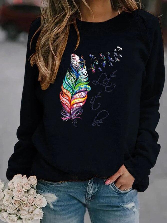 Soft Cozy Women's Pullover - Feather Print, Knit Winter