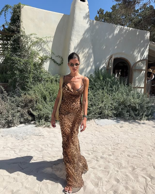 Leopard Print Maxi Dress for Women with Adjustable Belt and Sheer Mesh Fabric, Long Bodycon Silhouette-1