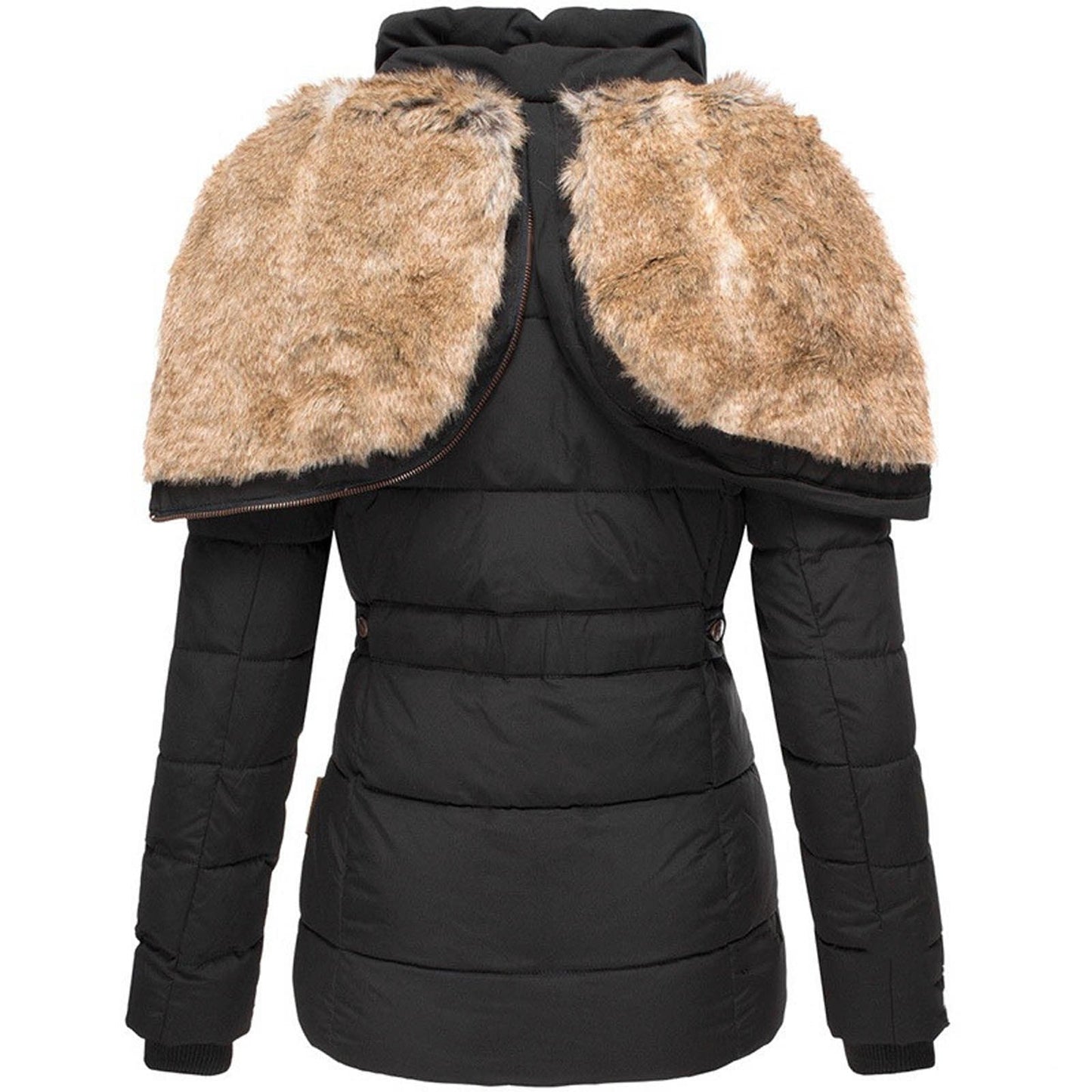 Warm Women’s Winter Coat - Quilted Midlength, Faux Fur Hood