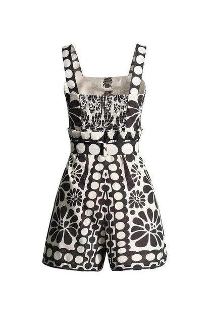 Vintage Floral Polka Dot Romper with Smocked Back, Square Neckline, and Slanted Pockets in Black and White-3