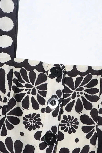 Vintage Floral Polka Dot Romper with Smocked Back, Square Neckline, and Slanted Pockets in Black and White-4