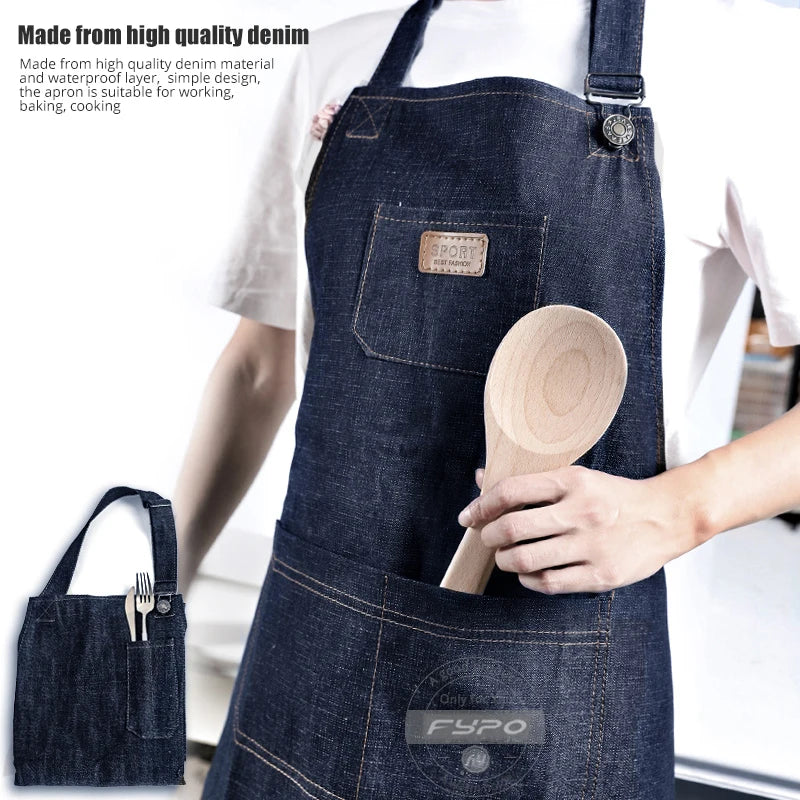 Denim Apron Adjustable Neck Bib Apron Durable Barista Kitchen Apron Fall 2025 Hygienic Workwear With Pockets
