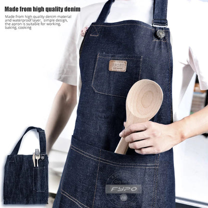 Denim Apron Adjustable Neck Bib Apron Durable Barista Kitchen Apron Fall 2025 Hygienic Workwear With Pockets