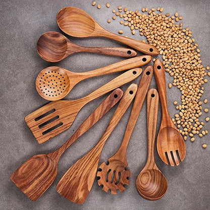 Natural Teak Wooden Kitchen Utensil Set – Eco-Friendly Cooking Spoons Non-Stick Safe 2026