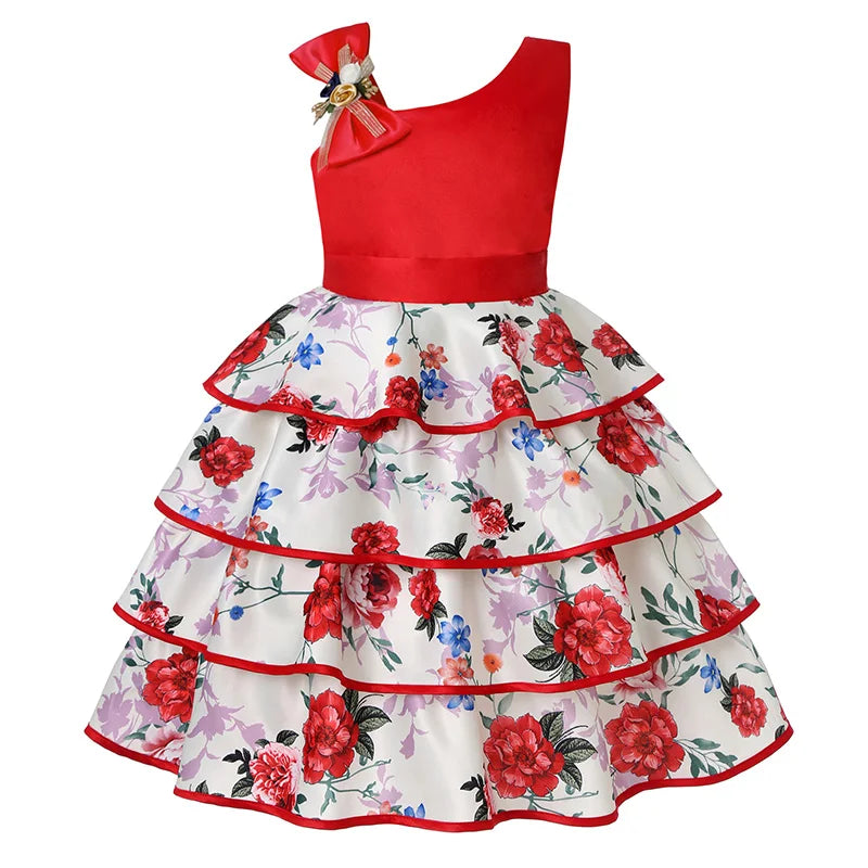 Soft girls' dress - one-shoulder knee-length floral, polyester, for party or wedding