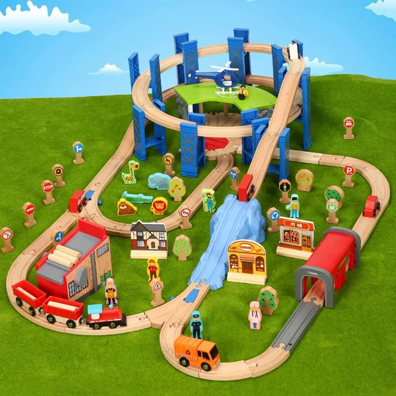 Wooden Train Set with Circular Bridge - Vibrant Green Garage Track for Kids, Compatible with Electric Cars