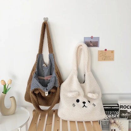 Tragetasche Weiches Plüsch Cartoon Stickerei Schultertasche Winter 2025 Gemütlicher Kunstlammfell Shopper Geschenk