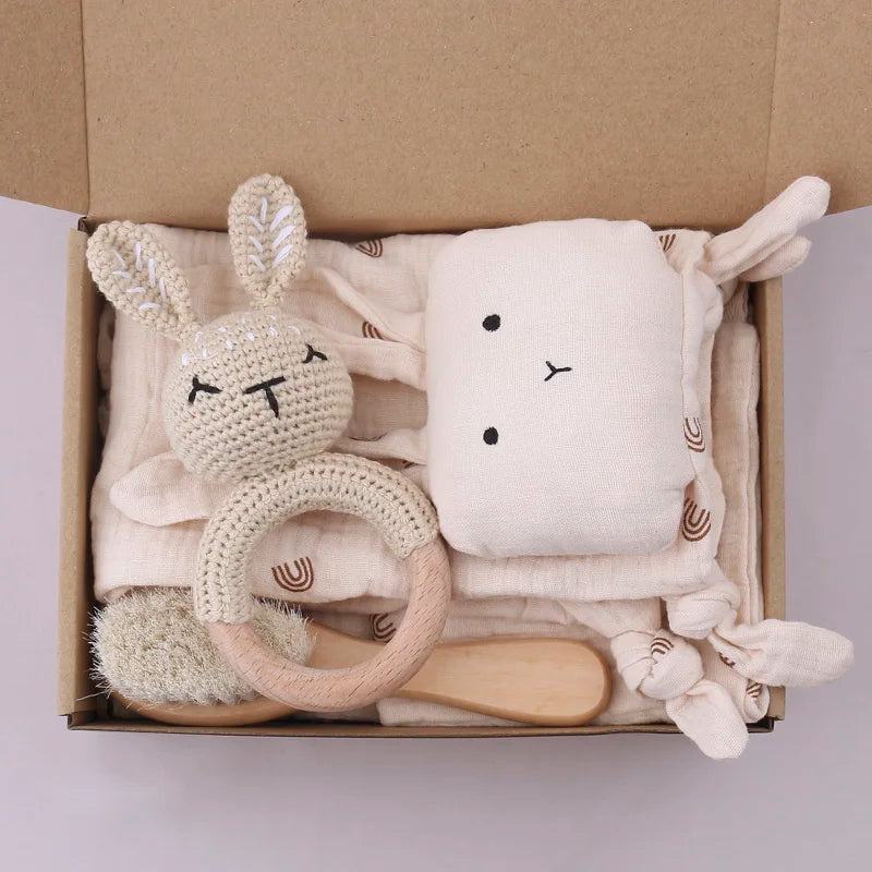 Teething Toy Wooden Ring Rattle Set With Cotton Gauze Mobile Gym Newborn Gift Fall 2025 Soothing