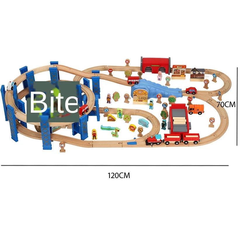 Wooden Train Set with Circular Bridge - Vibrant Green Garage Track for Kids, Compatible with Electric Cars