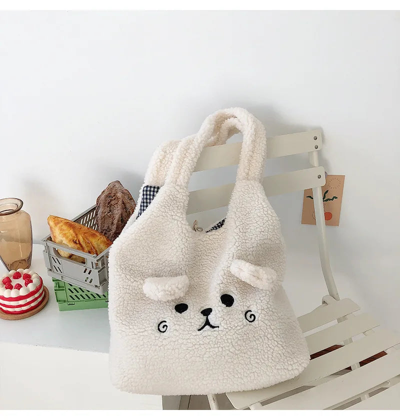 Tragetasche Weiches Plüsch Cartoon Stickerei Schultertasche Winter 2025 Gemütlicher Kunstlammfell Shopper Geschenk