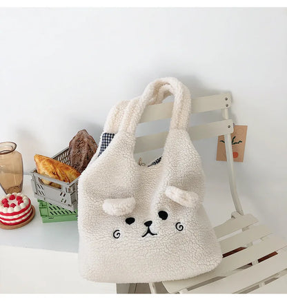 Tragetasche Weiches Plüsch Cartoon Stickerei Schultertasche Winter 2025 Gemütlicher Kunstlammfell Shopper Geschenk