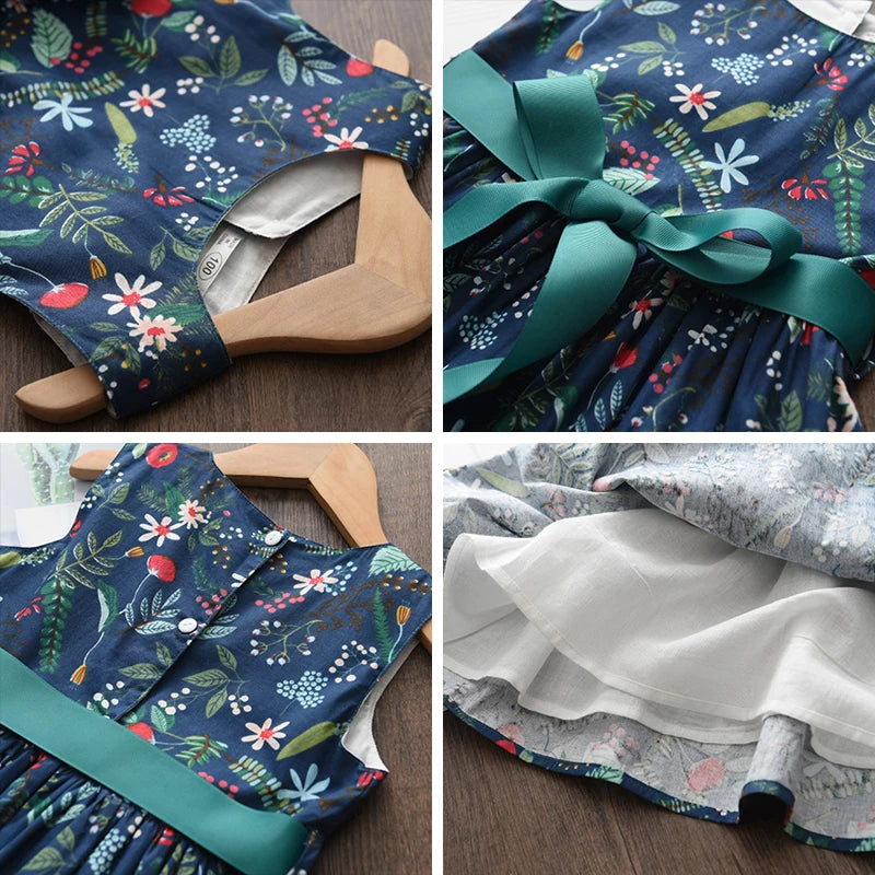 Leichtes und schmeichelhaftes Mädchenkleid – Floraler Schmetterlingsdruck, knielang, ärmellos, Taillengürtel, Freizeitkleidung