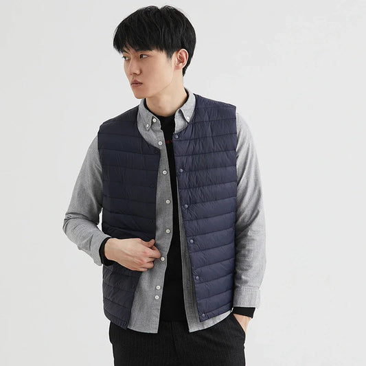 Lightweight Men's Down Vest - Short Quilted, Nylon Layering