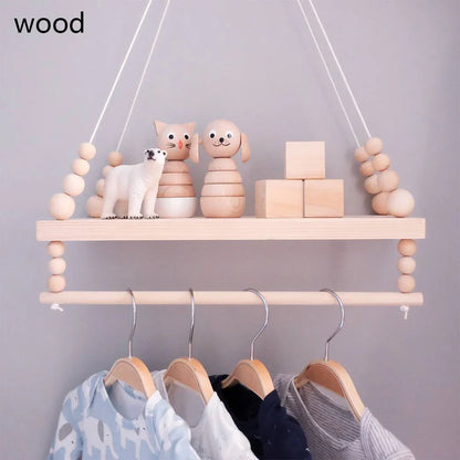 Wooden Wall Shelf With Clothes Rack Nordic Hanging Shelf Kids Room Fall 2025 Rope Storage Organizer