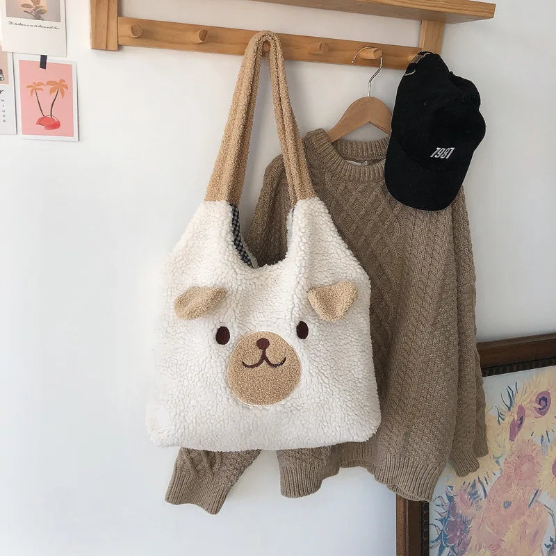 Tragetasche Weiches Plüsch Cartoon Stickerei Schultertasche Winter 2025 Gemütlicher Kunstlammfell Shopper Geschenk