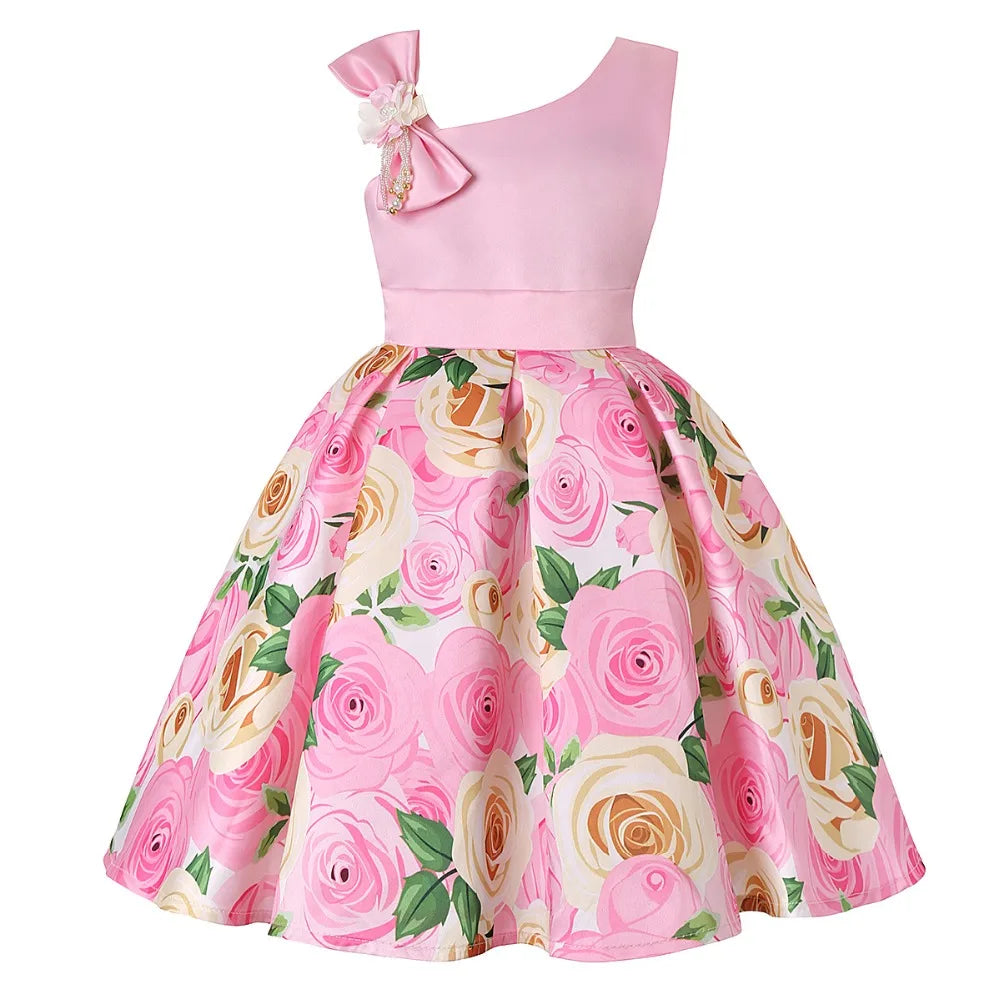 Soft girls' dress - one-shoulder knee-length floral, polyester, for party or wedding